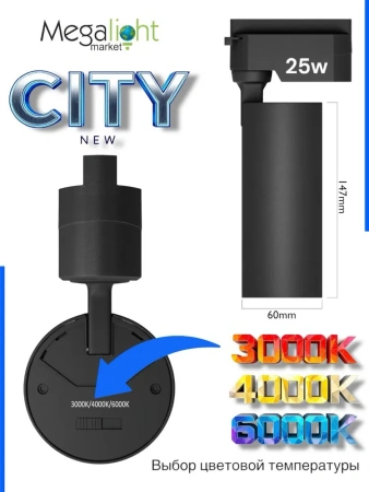 Светильник CITY NEW 25W 3ССТ 3000/4000/6000К CRI85 36° Черный 2TRA однофазный 220V 60x145mm